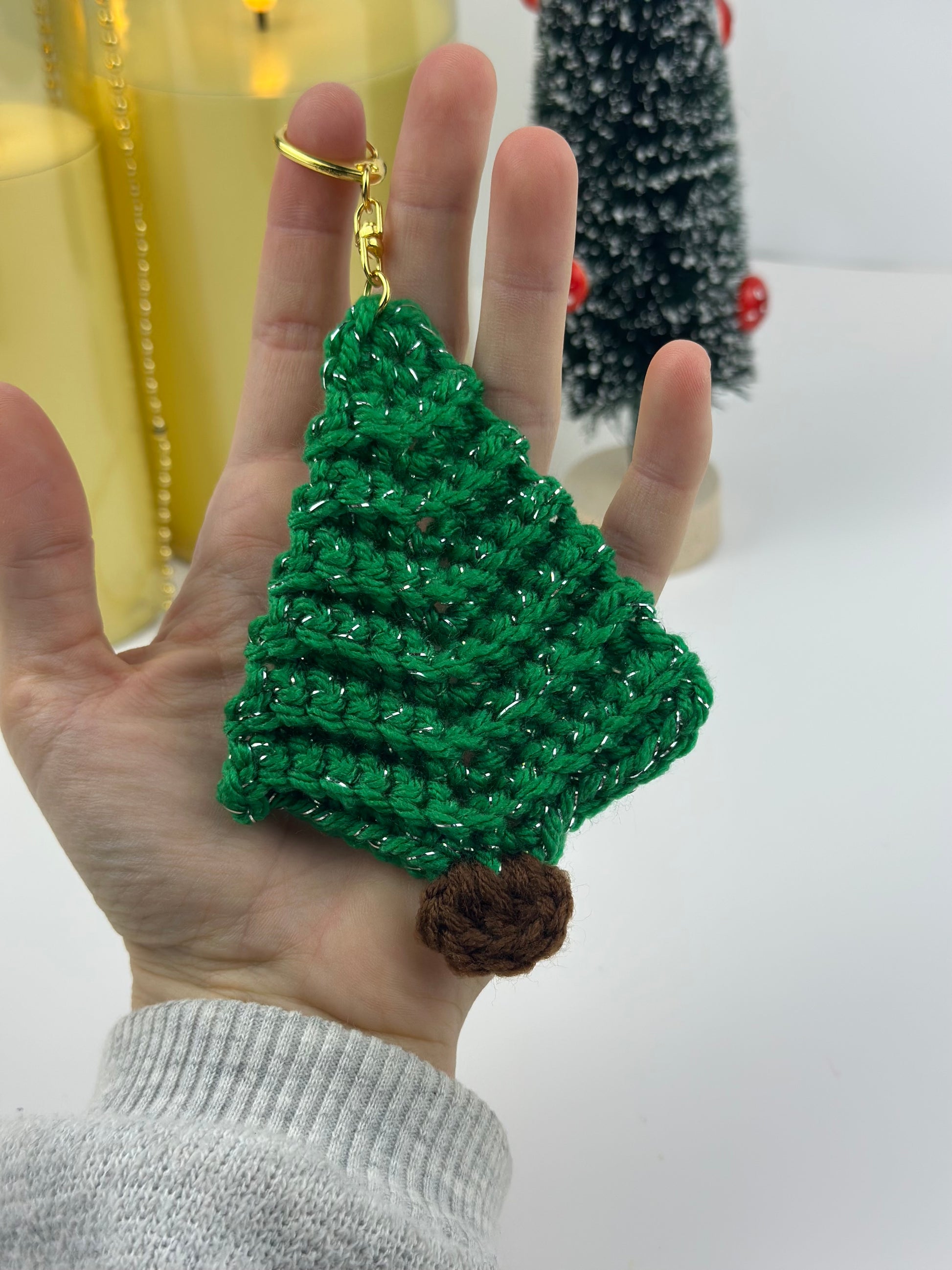 Small sparkling crochet Christmas tree accessory for keys, bags, or backpacks