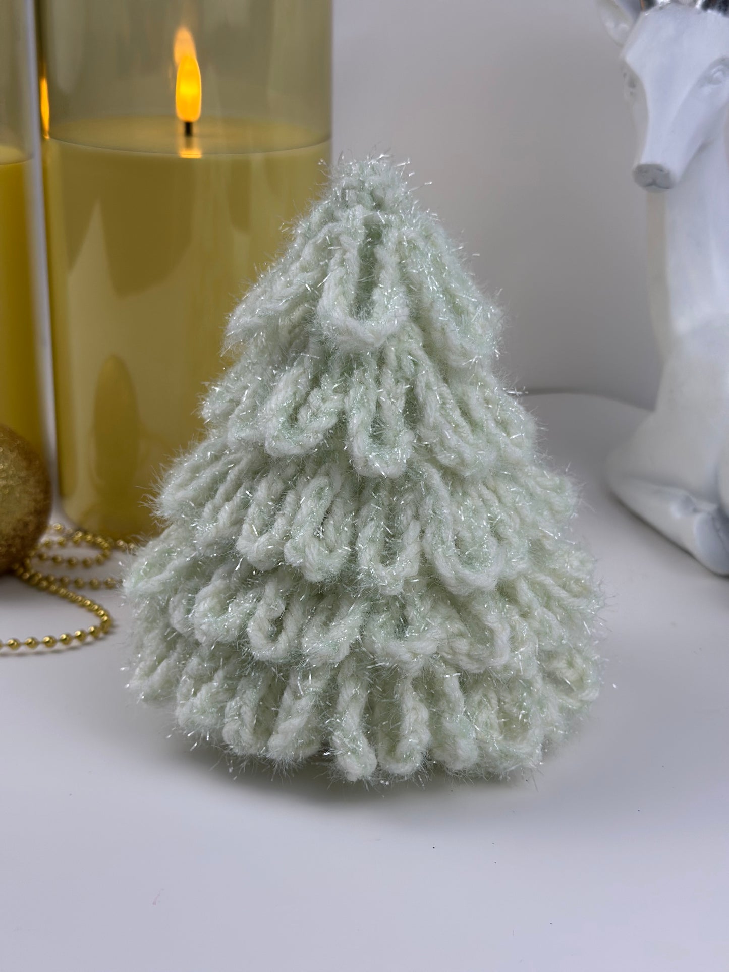Handmade crochet winter tree in white yarn, elegant holiday gift idea.