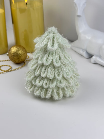 White crochet tree with cozy texture, perfect for mantel or shelf display.
