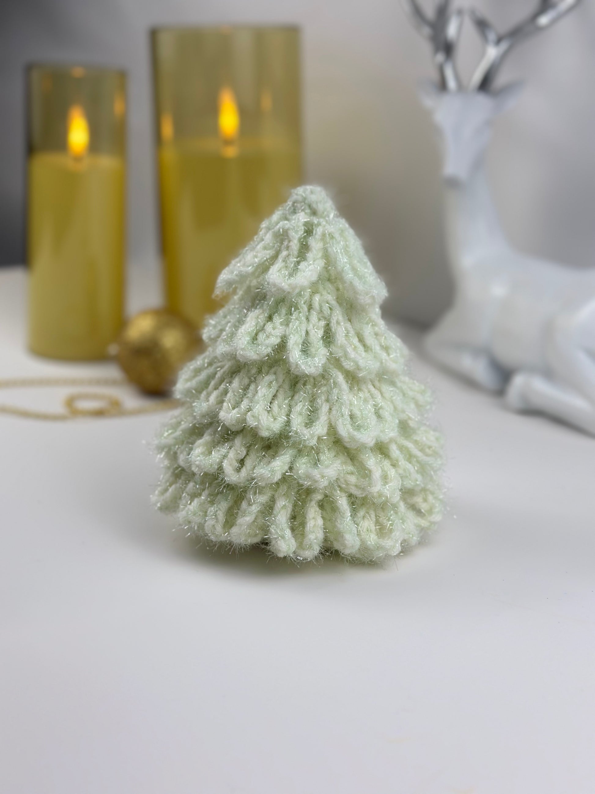 Crochet Christmas tree in light ivory yarn, handmade festive home décor.