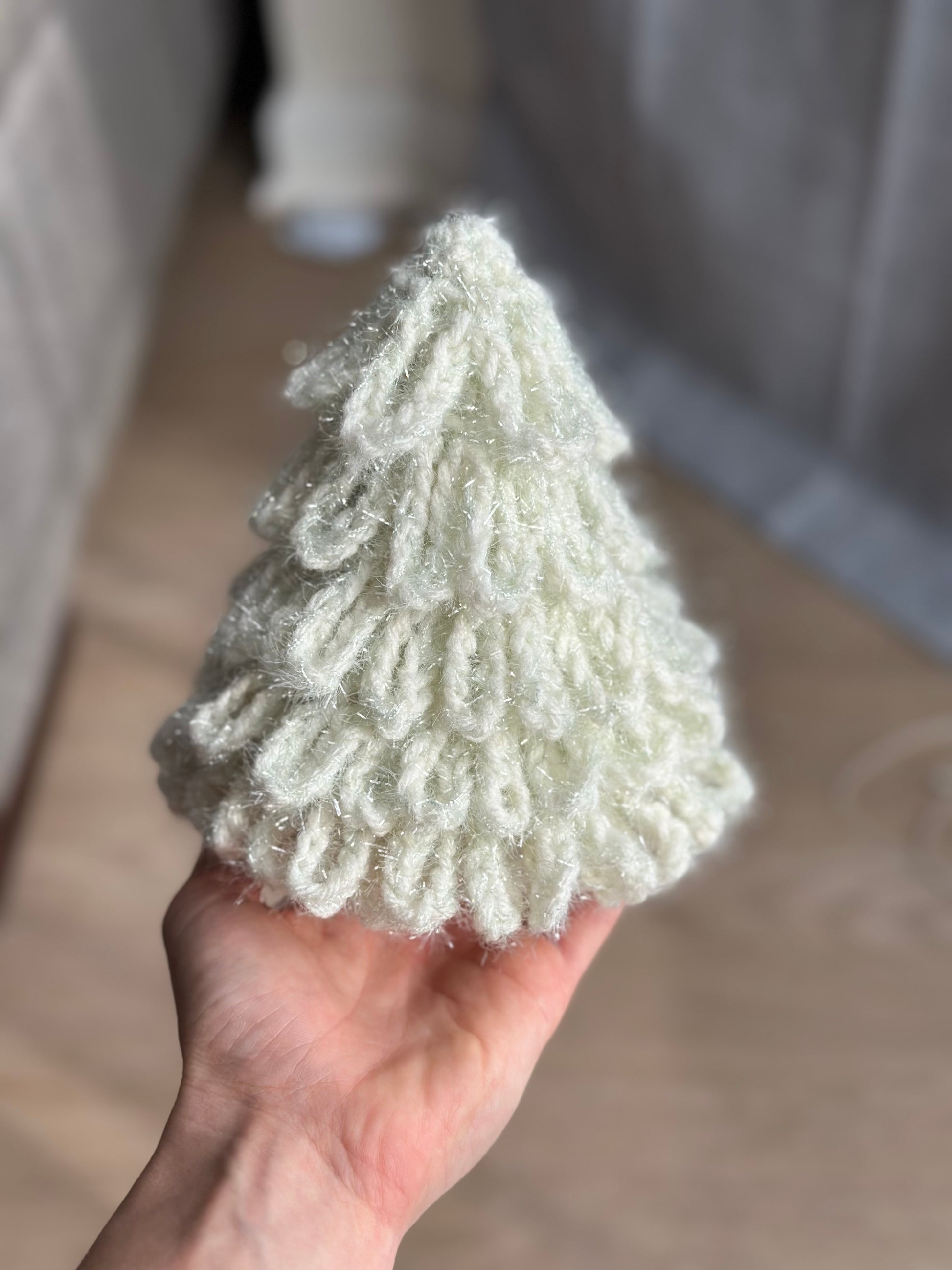 White yarn crochet Christmas tree home décor, perfect handmade gift.