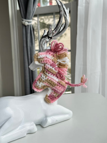 Handcrafted crochet horse keychain in mixed yarn colors, fun bag charm or stocking stuffer