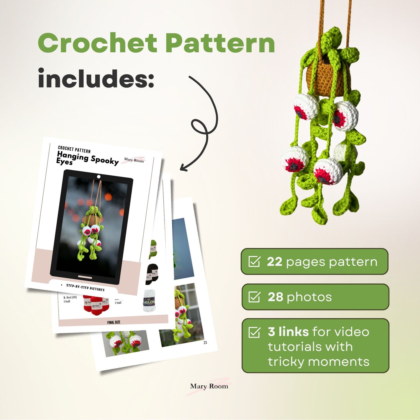 Crochet pattern preview with details: 22 pages, 28 photos, 3 step-by-step video tutorials included with the spooky plant kit