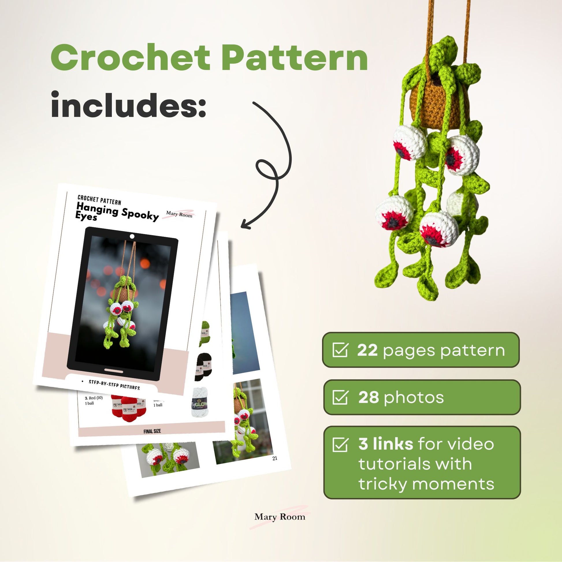 Crochet pattern preview with details: 22 pages, 28 photos, 3 step-by-step video tutorials included with the spooky plant kit
