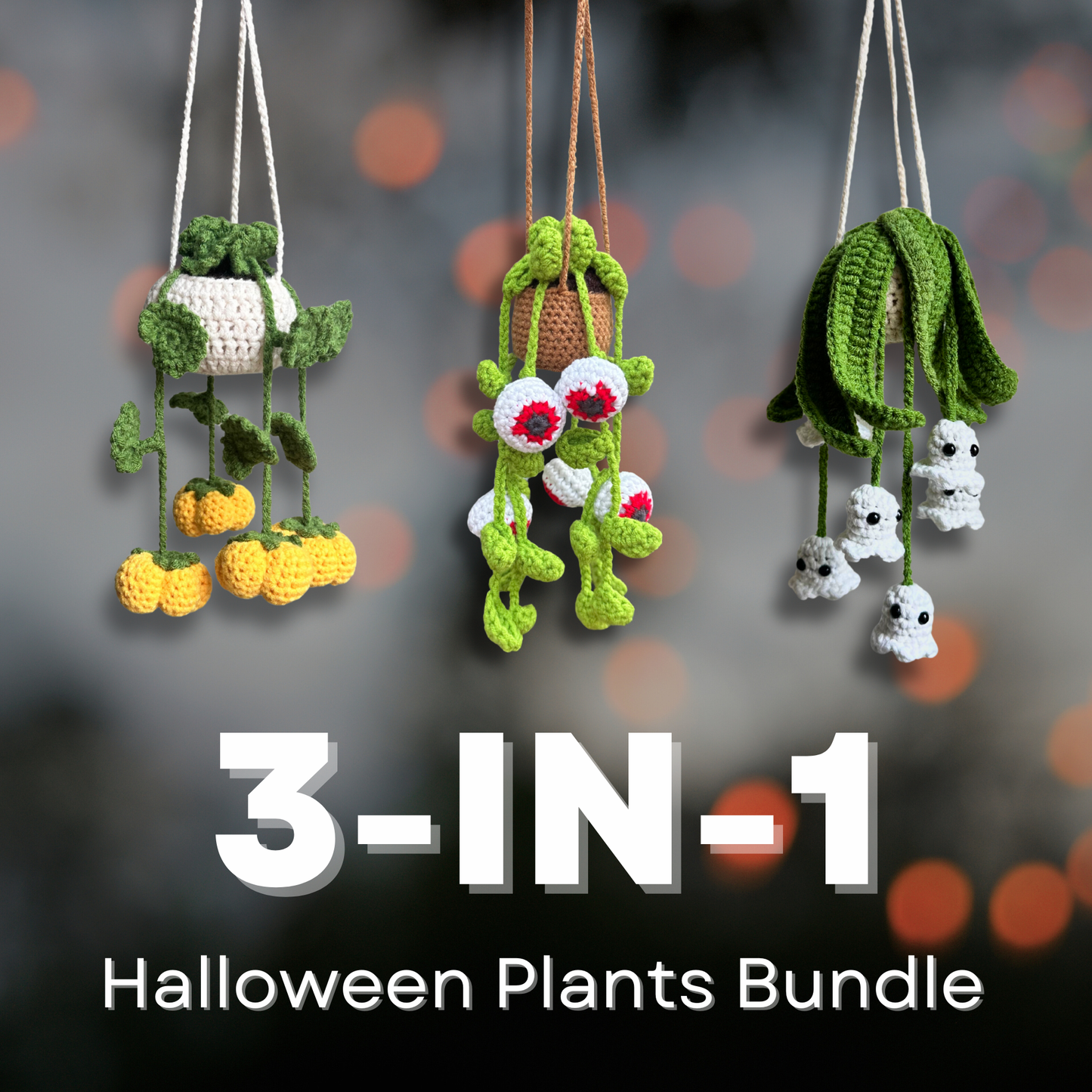 3-in-1 Halloween crochet pattern bundle with handmade pumpkin, ghost, and eyeball hanging plants for spooky home decoration.