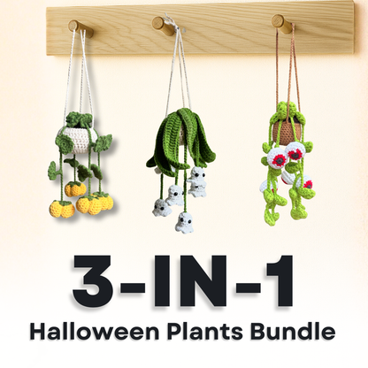 Crochet Halloween Plants Pattern Bundle featuring pumpkin, ghost, and spooky eyes hanging plants — 3-in-1 crochet patterns for Halloween home decor.