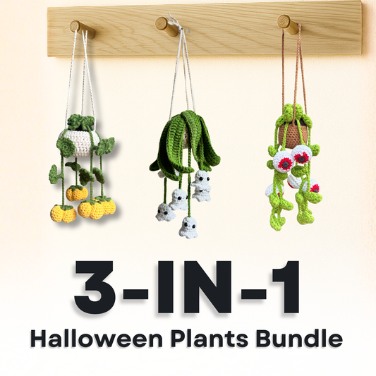 Crochet Halloween Plants Pattern Bundle featuring pumpkin, ghost, and spooky eyes hanging plants — 3-in-1 crochet patterns for Halloween home decor.