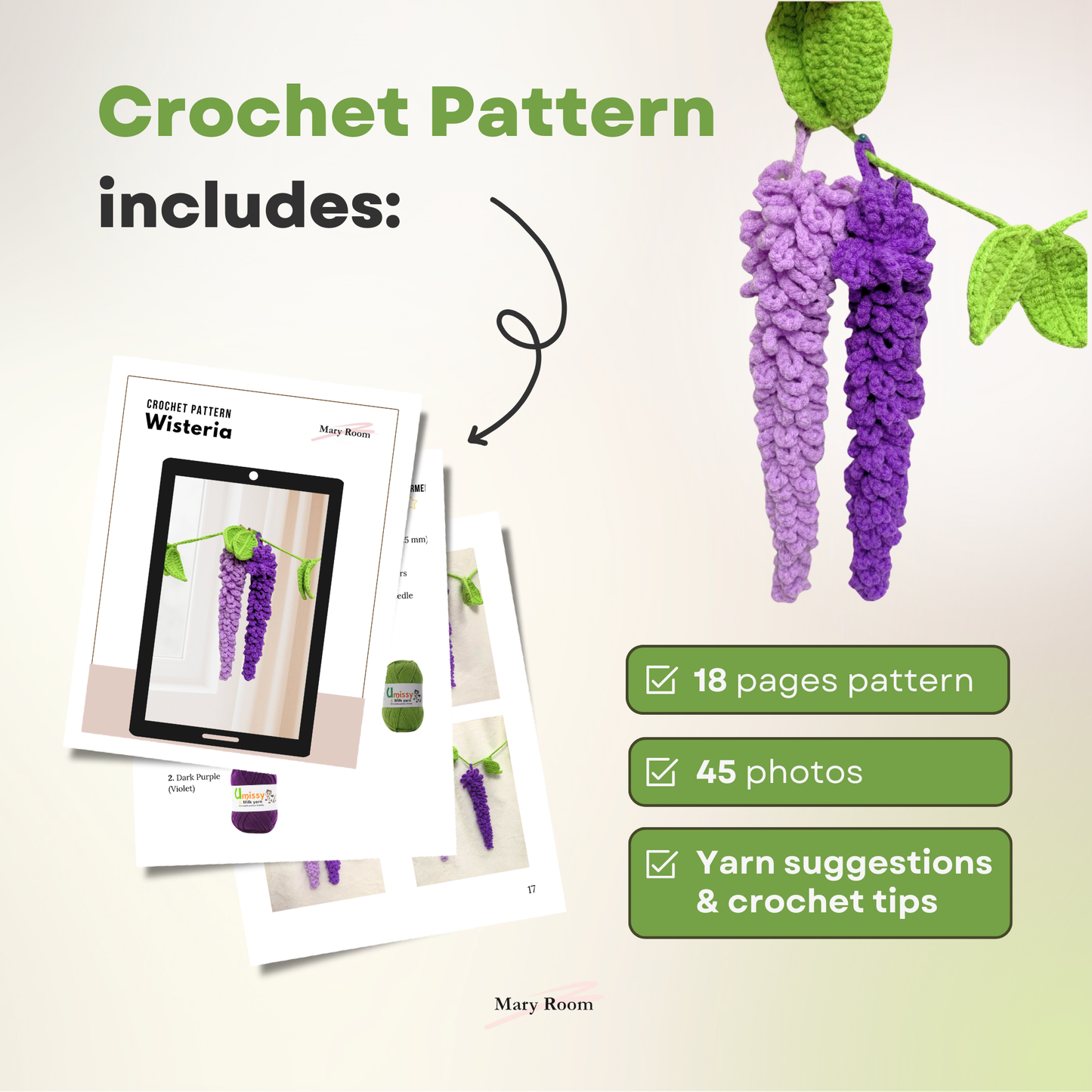 Crochet pattern for wisteria with materials and features listed on a white background