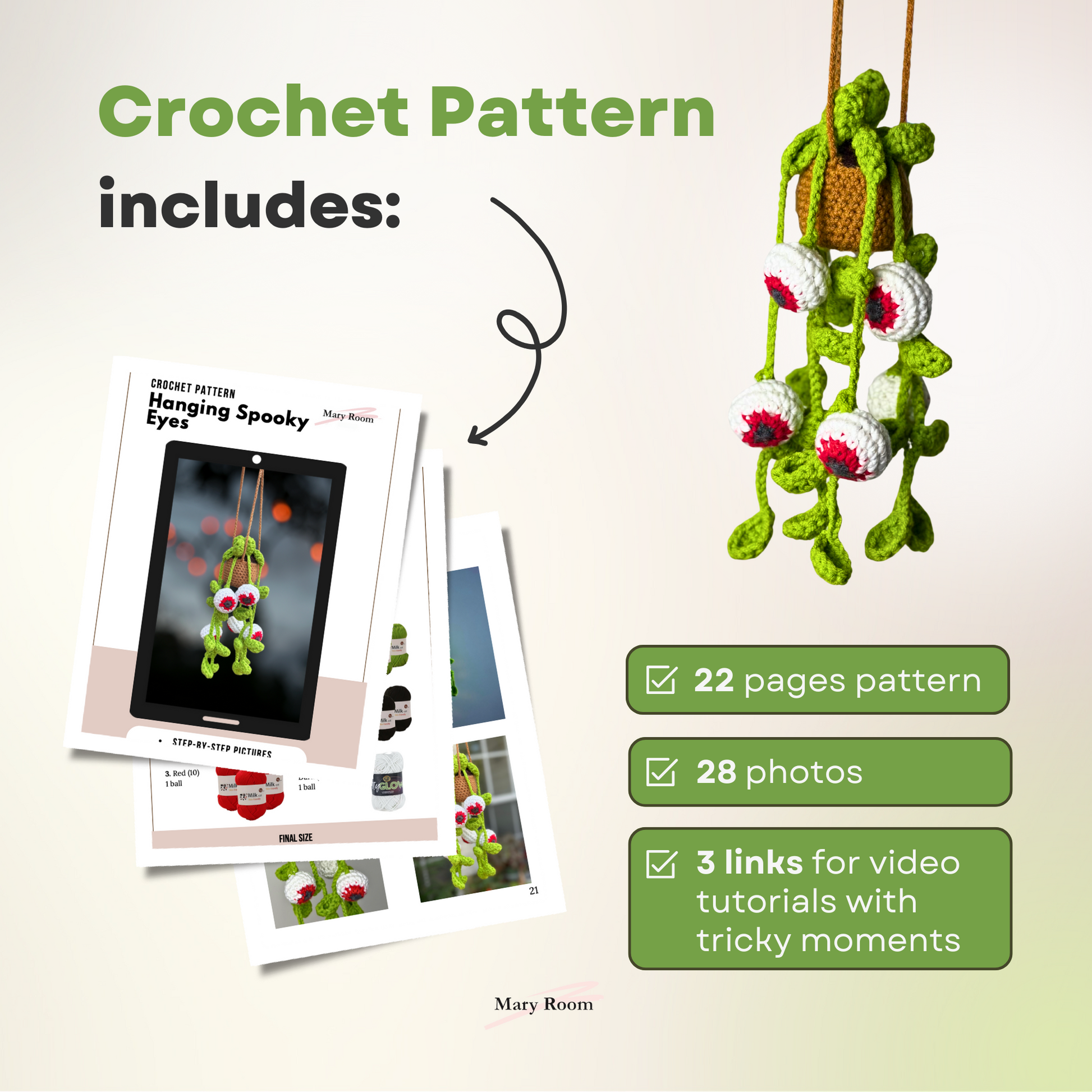 Crochet pattern includes 26 pages, 36 photos, and 3 links to short video tutorial