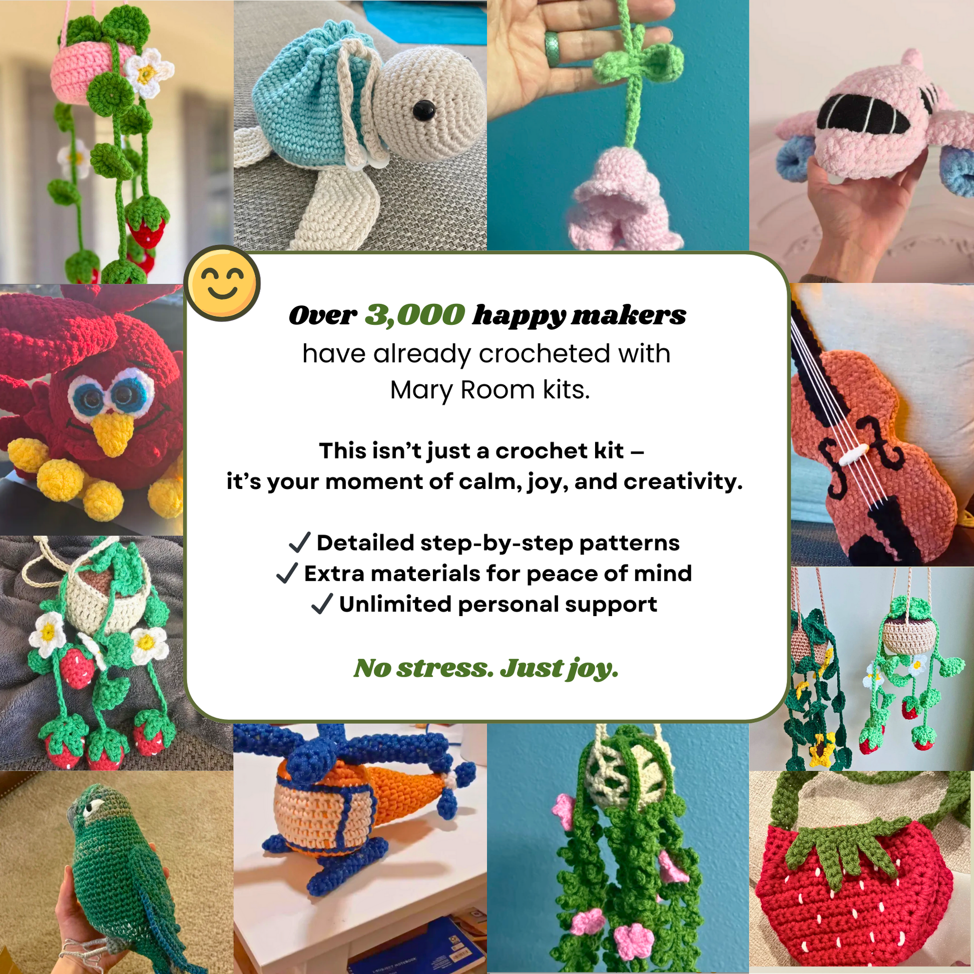 Infographic with reviews and customer photos praising Mary Room crochet kits