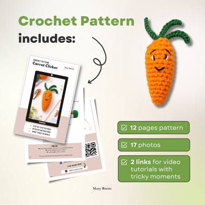 Digital preview of crochet pattern for carrot clicker with carrot image and icons showing included PDF, step photos, and video tutorials.