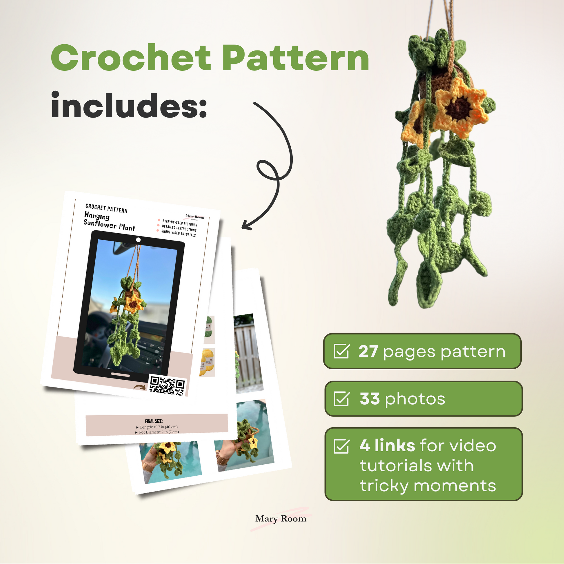 Graphic image detailing step-by-step pattern instructions and stitch guide included in kit