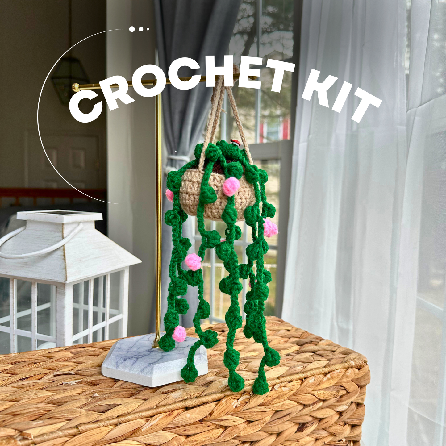 Crochet string of pearls decorative plant on a table with 'CROCHET KIT' text overlay