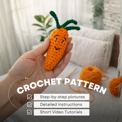 Hand holding crocheted carrot plush in cozy living room with overlay text highlighting crochet pattern features.