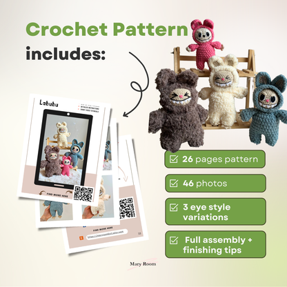 Slide showing what’s included in the pattern: 26 pages, 46 step-by-step photos, 4 yarn variations, and assembly tips with QR code visuals.