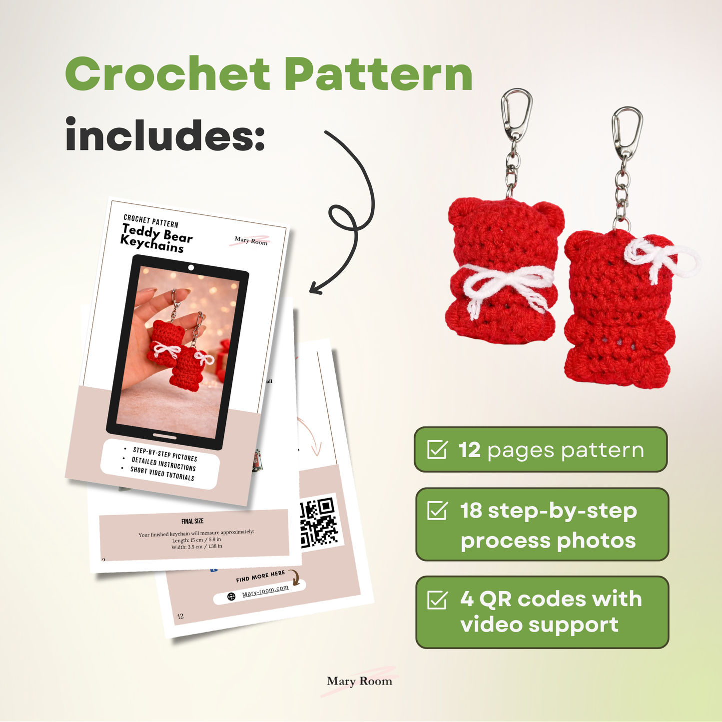 Digital crochet pattern preview showing teddy bear keychains, pattern pages, and video QR codes – DIY Crochet Kit for Valentine’s Day (Kissing Bears)