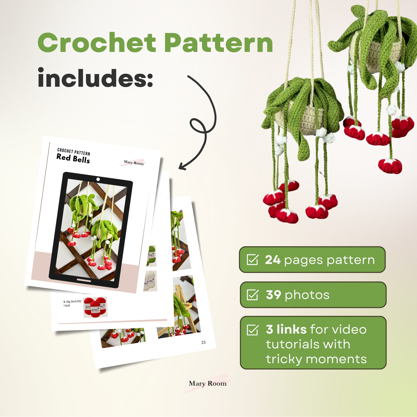 Infographic image listing contents of DIY Crochet Kit Red Bells Plant: 24-page pattern, 39 photos, and 3 video tutorial links.