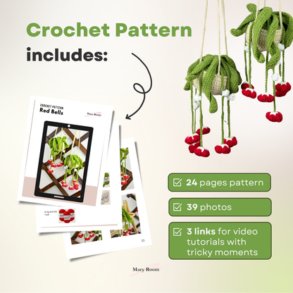 Infographic image listing contents of DIY Crochet Kit Red Bells Plant: 24-page pattern, 39 photos, and 3 video tutorial links.