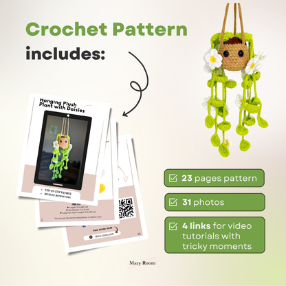 Digital pattern cover showing contents of the Crochet KIT Plush Plant with Daisy Flowers: 23 pages, photos, videos.