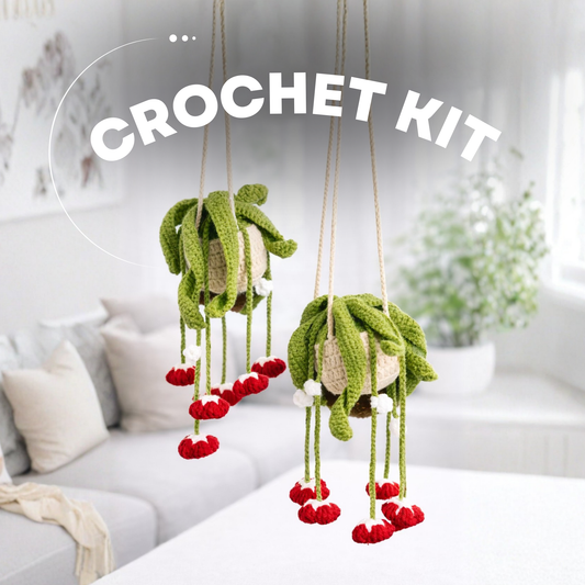 Close-up of hanging red bells plants on wooden trellis – DIY Crochet Kit Red Bells Plant displayed with realistic vine and flower details.