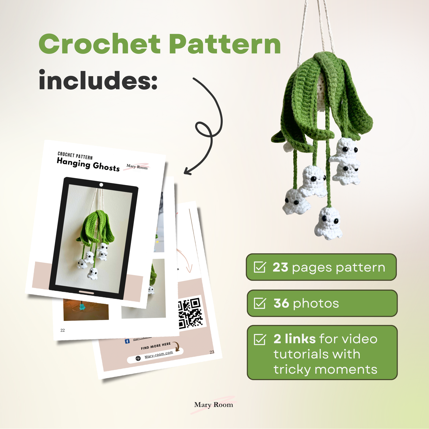 Crochet ghost plant pattern includes 28-page guide, 38 photos, and 3 video tutorials for Halloween crochet.
