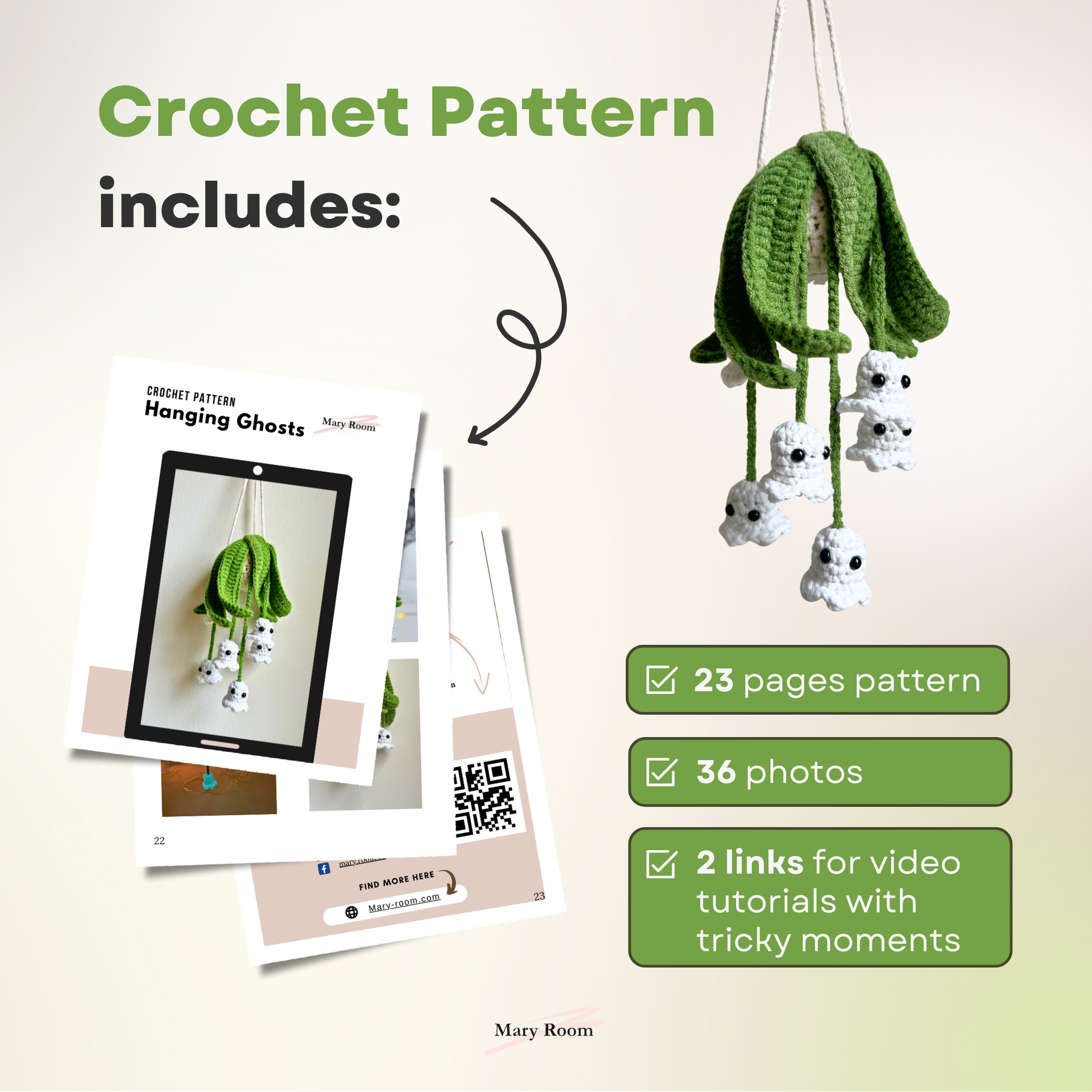 Crochet ghost plant pattern includes 28-page guide, 38 photos, and 3 video tutorials for Halloween crochet.
