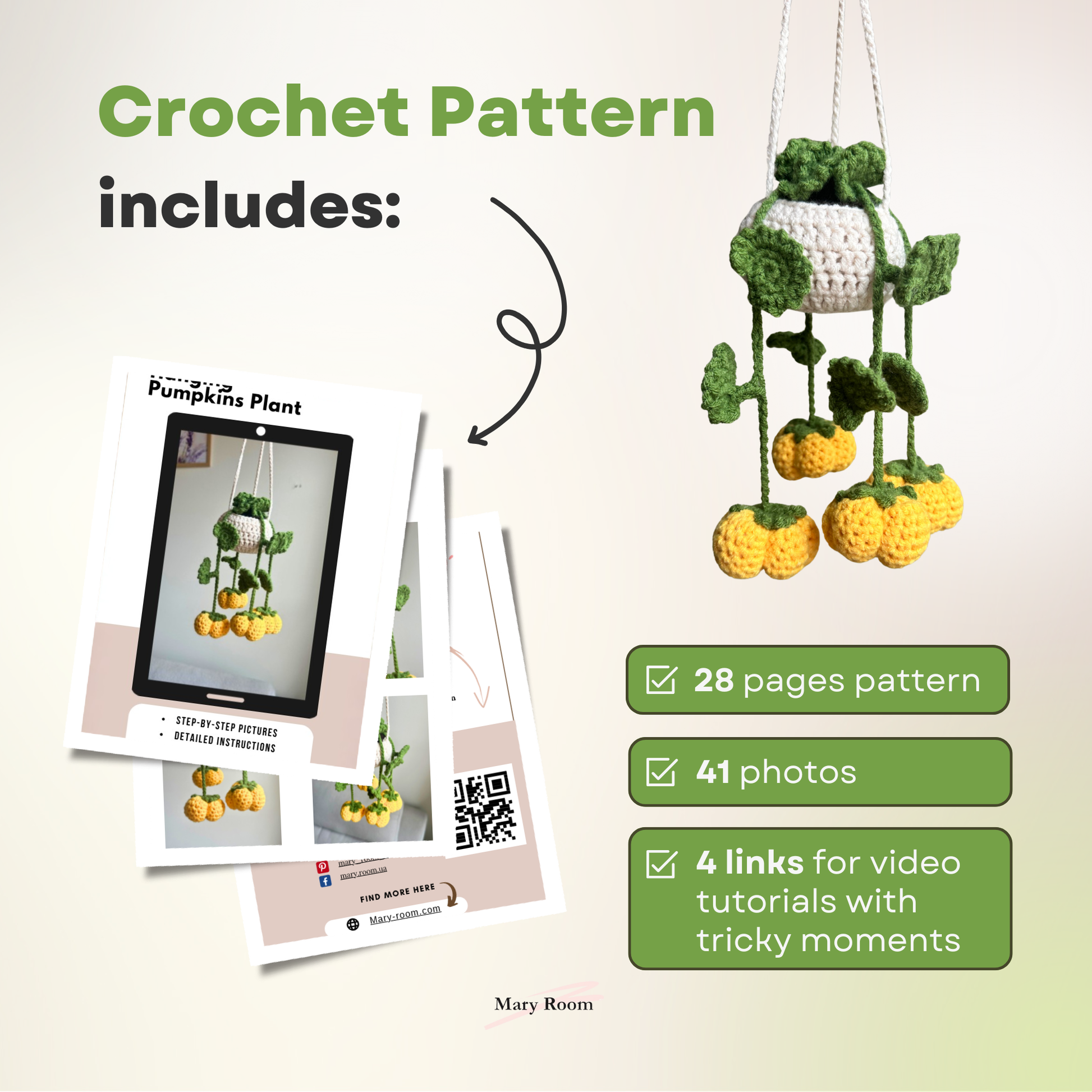 Crochet pumpkin plant pattern with 28-page instructions, 38 photos, and helpful video links.
