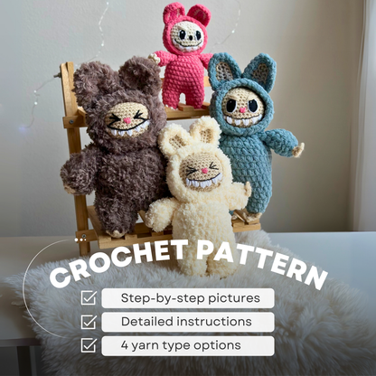 Four crocheted Labubu plushies in different yarns (plush, sherpa, fluffy, and classic) sitting on a small wooden bench with text overlay: “Crochet Pattern – step-by-step pictures, detailed instructions, 4 yarn type options.”