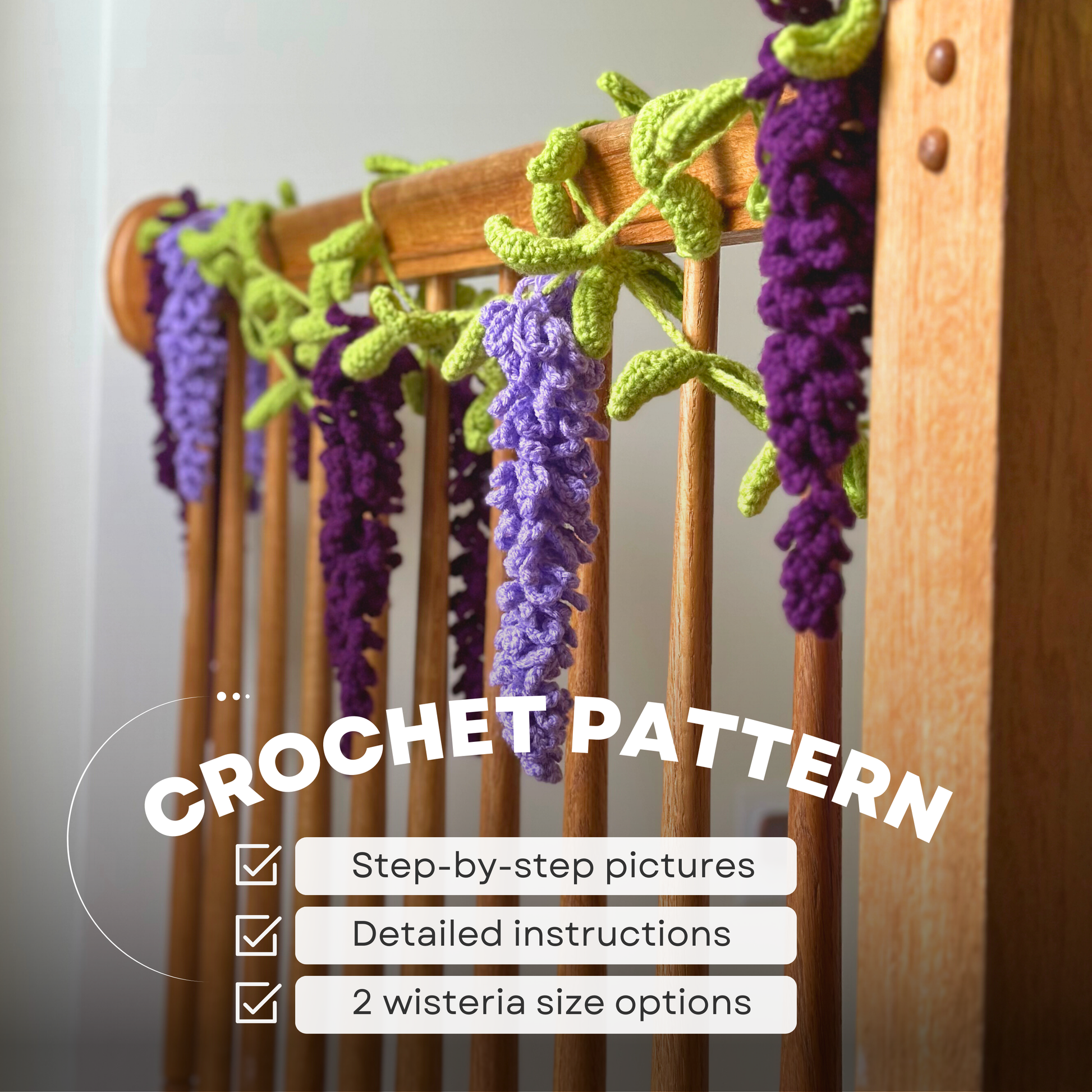 Finished crochet hanging wisteria plant with cascading purple flowers — PDF pattern