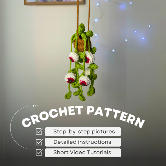 Crochet hanging plant with spooky eyes and vines — Halloween amigurumi pattern