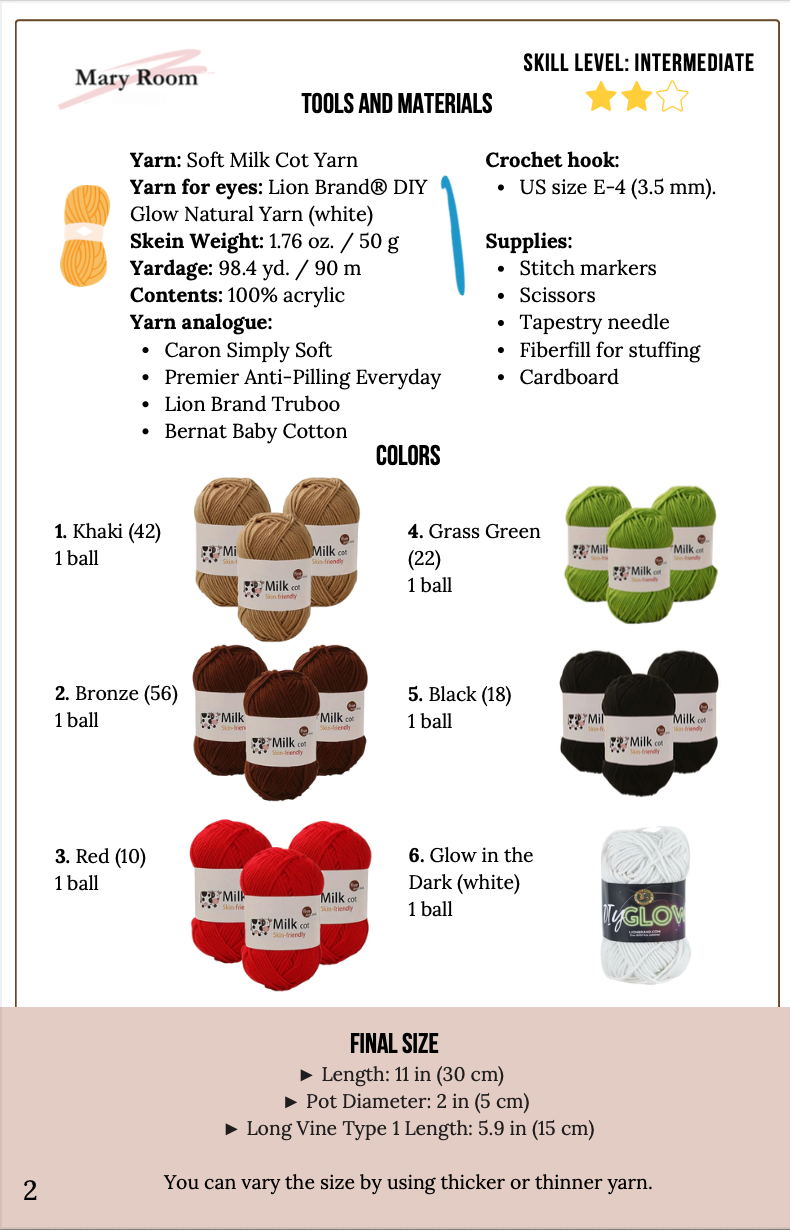 Yarn color chart and recommended materials for spooky eyes crochet project. halloween spooky eyes crochet pattern