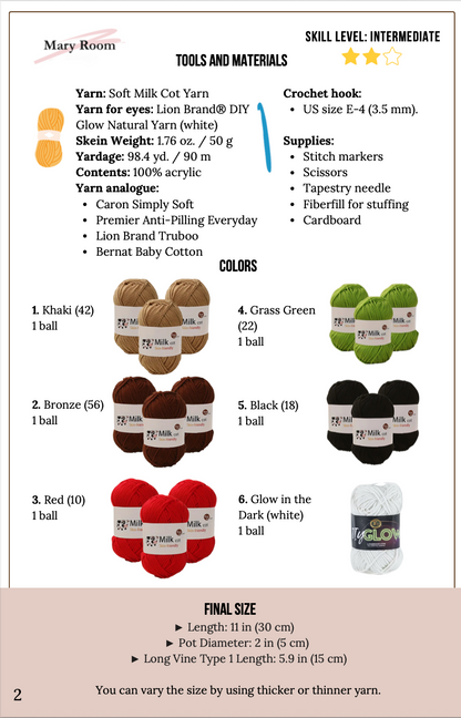 Yarn color chart and recommended materials for spooky eyes crochet project. halloween spooky eyes crochet pattern