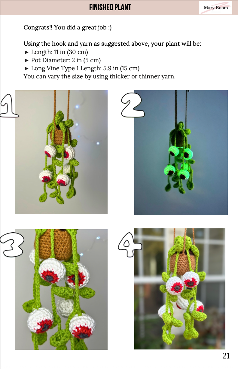 Step-by-step photo guide for assembling spooky eyes crochet plant. halloween pattern. 