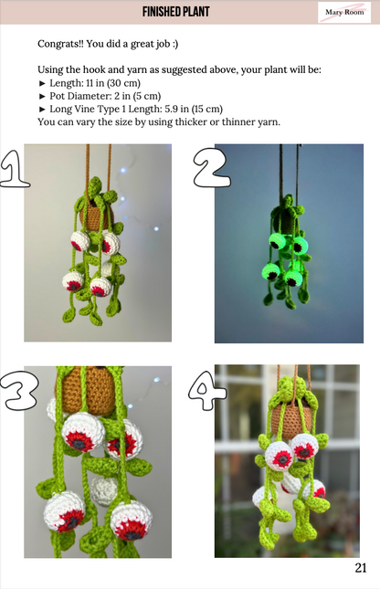 Step-by-step photo guide for assembling spooky eyes crochet plant. halloween pattern. 