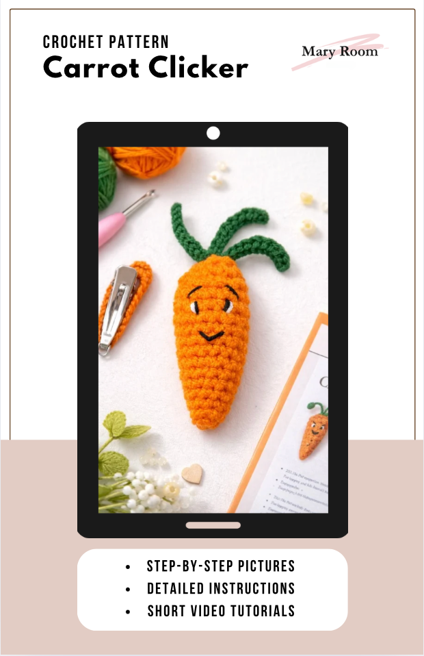 Carrot Clicker crochet pattern for beginners  with step-by-step pictures, detailed instructions, short videos