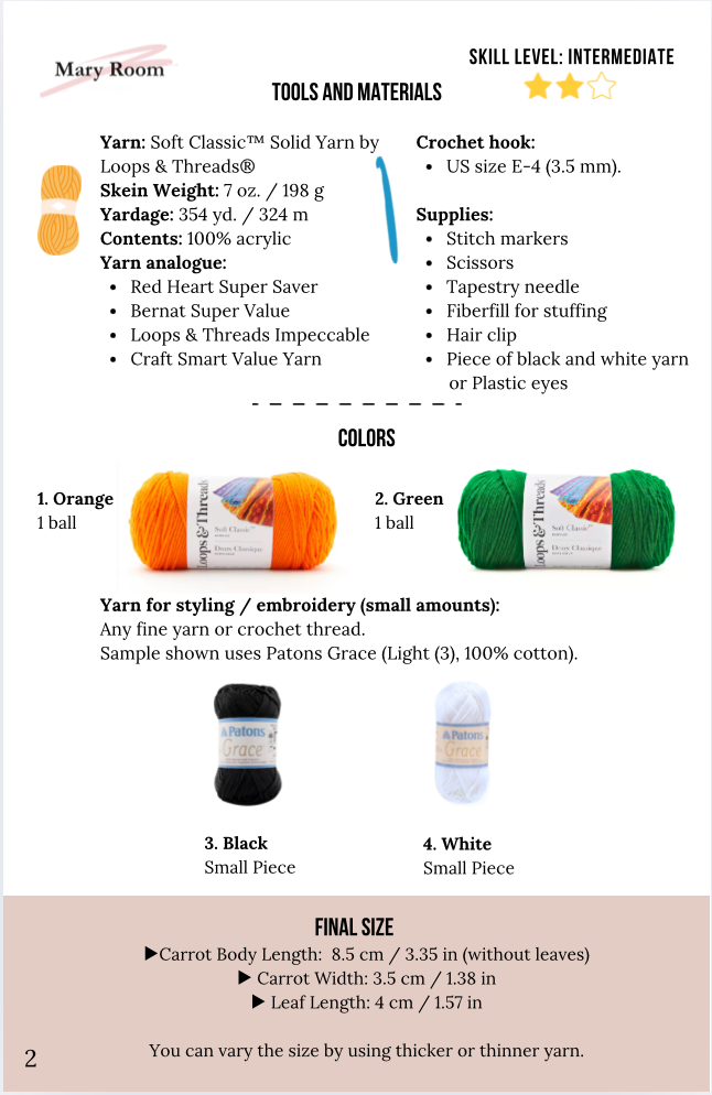 Crocheted carrot pattern with tools and materials description