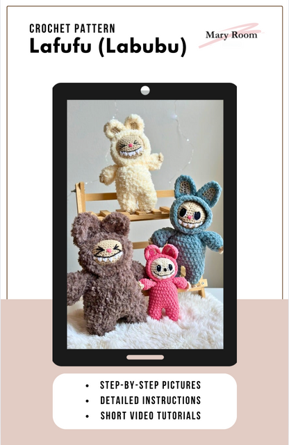 Labubu crochet step-by-step detailed pattern digital mockup on iPad showing full plushie group and what’s included.