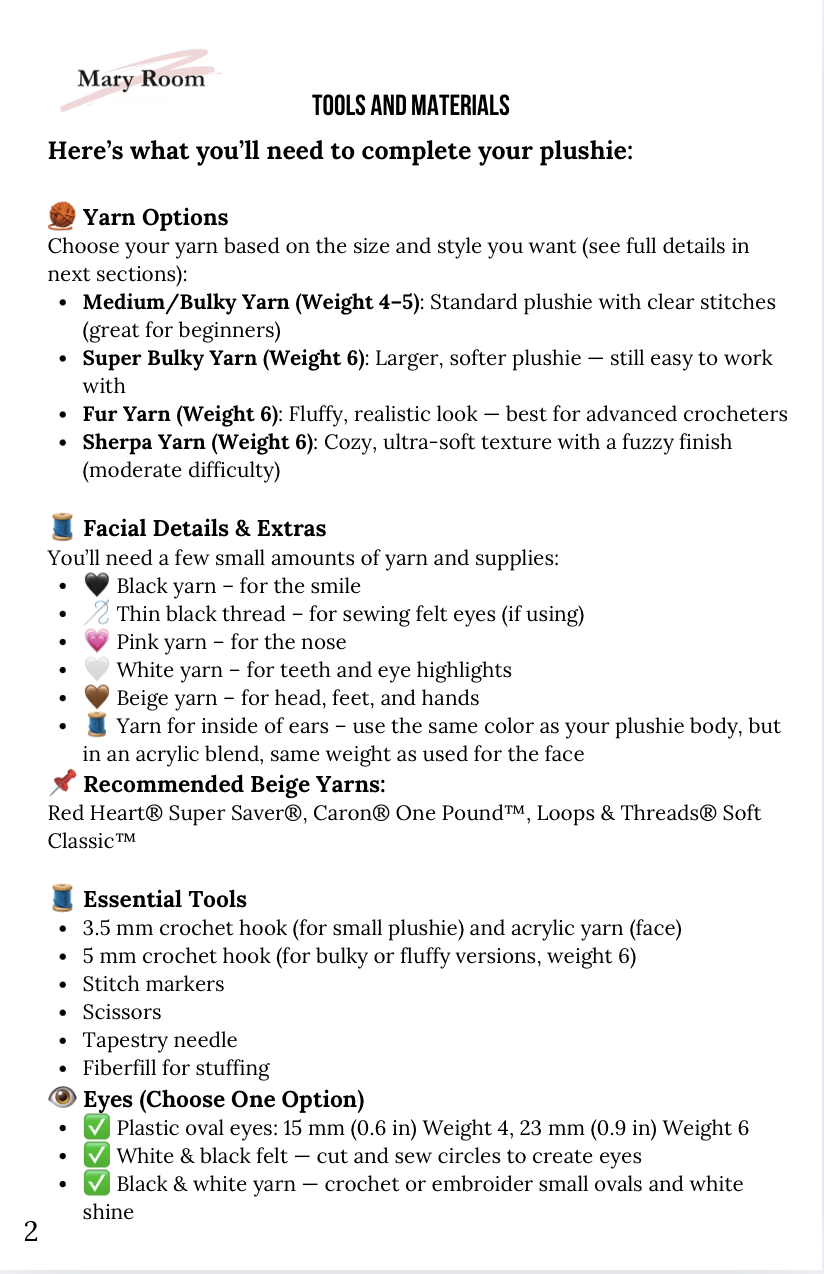 Preview of Labubu crochet pattern content — tool list, materials, and yarn recommendations with color-coded formatting.