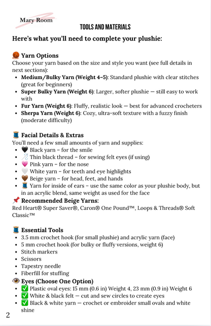 Preview of Labubu crochet pattern content — tool list, materials, and yarn recommendations with color-coded formatting.