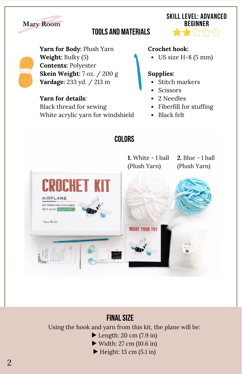 Crochet kit Airplane from plush yarn with all nessesary tools and yarn, crochet pattern for beginners