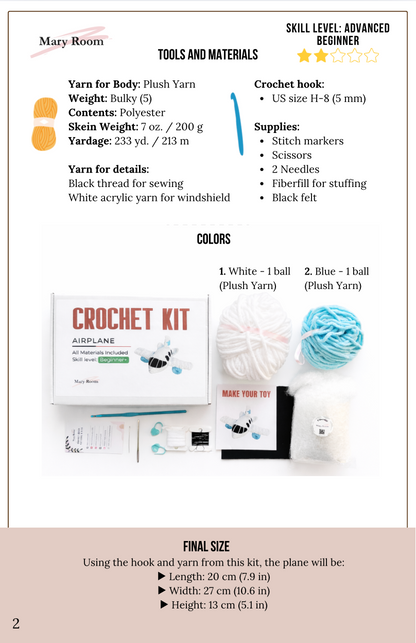 Crochet kit Airplane from plush yarn with all nessesary tools and yarn, crochet pattern for beginners