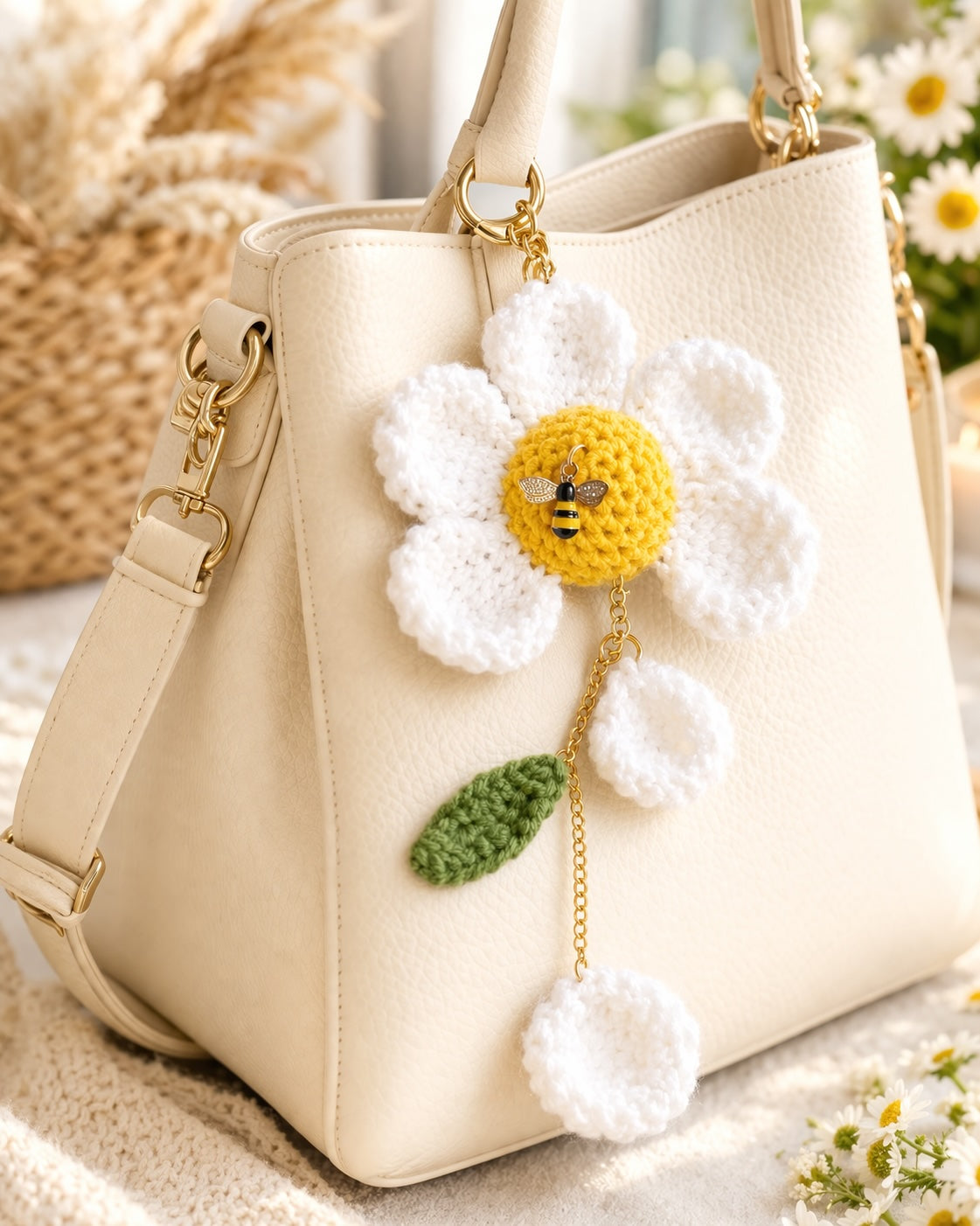 Cute crochet daisy bag charm with yellow flower center and tiny bee, handmade keychain gift