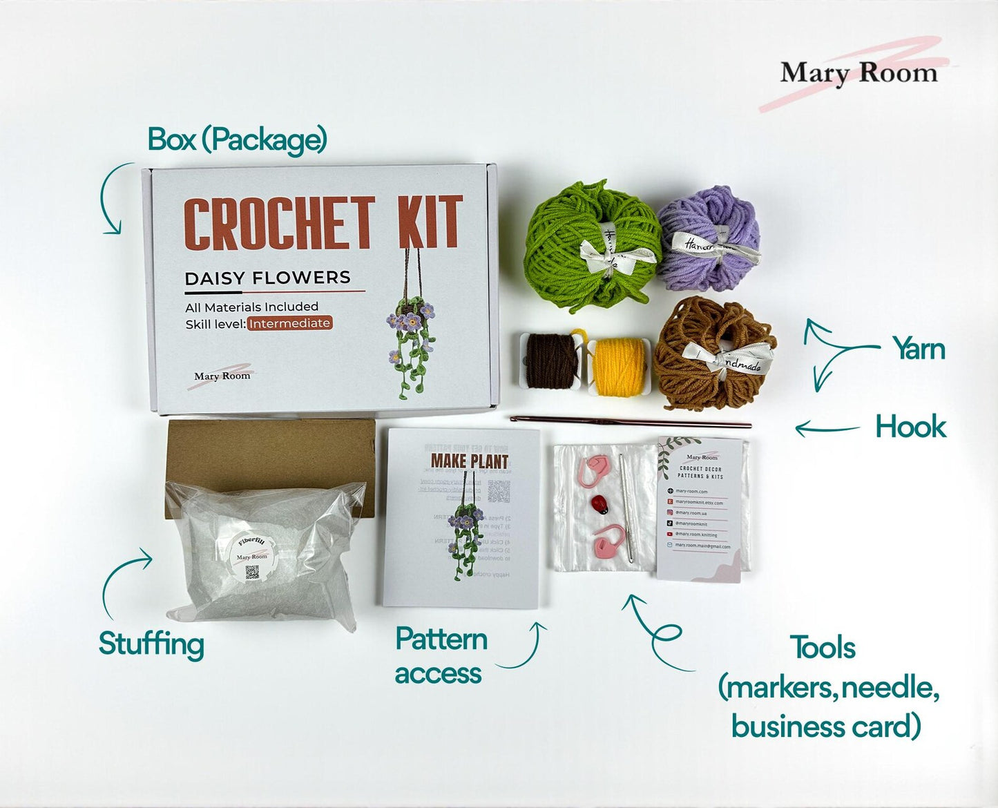 Crochet kit for hanging plant with purple daisy flowers, DIY amigurumi project