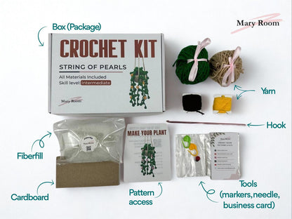 Crochet kit String of pearls with labeled components including box, yarn, hook, fiberfill, cardboard, pattern access, and tools.