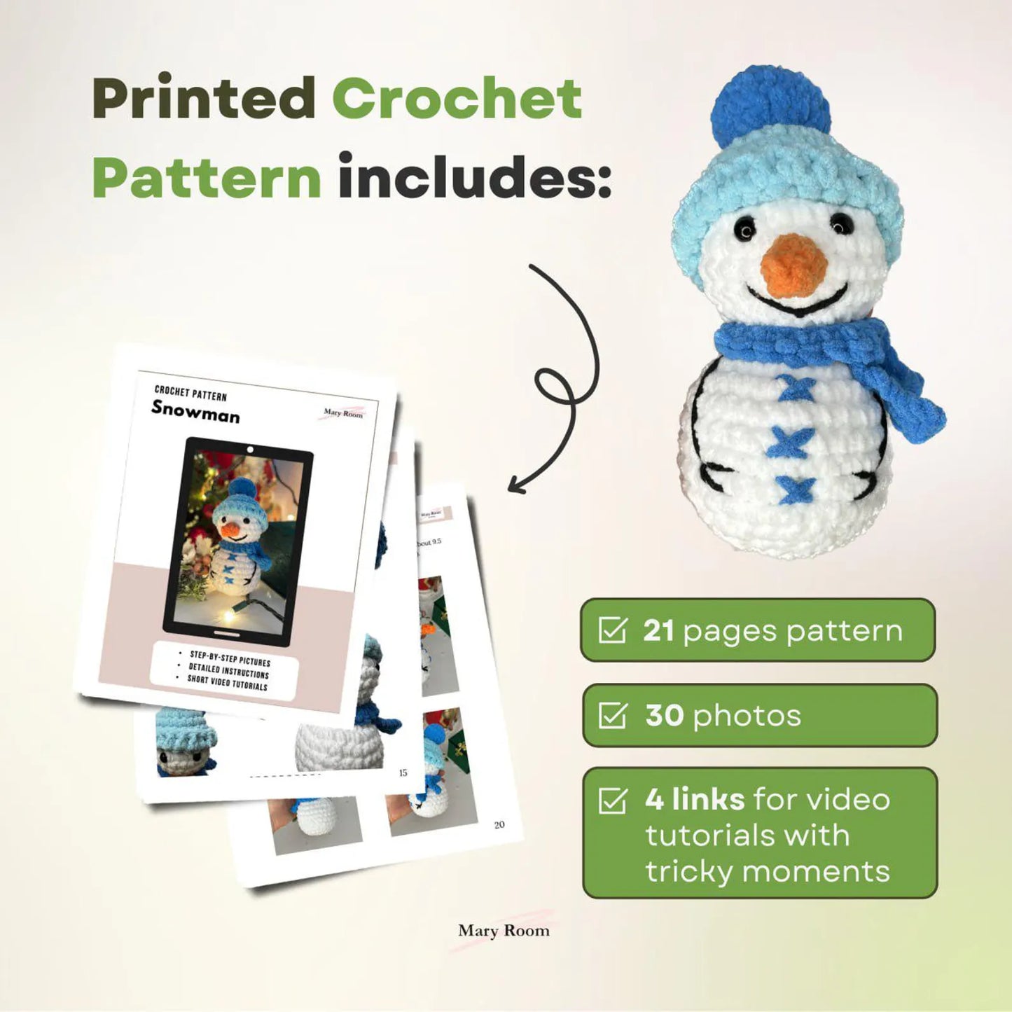 Complete snowman crochet kit including yarn, hook, and accessories