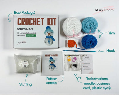 Snowman crochet kit with yarn, stuffing, and step-by-step pattern