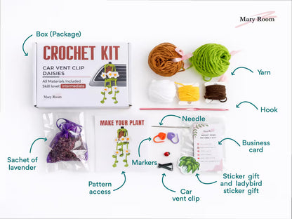 Infographic showing what’s included in the daisy crochet kit: yarn, hook, pattern, lavender sachet, clip, packaging