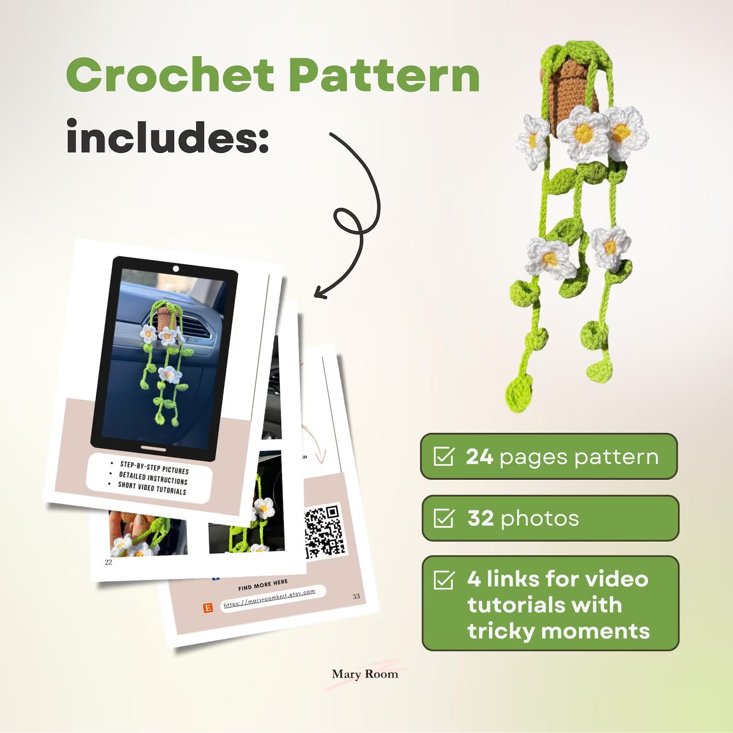 Infographic showing what’s included in the pattern: 24 pages, 32 photos, 4 QR videos