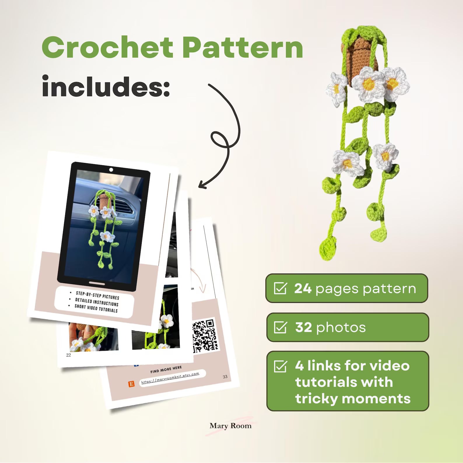 Infographic showing what’s included in the pattern: 24 pages, 32 photos, 4 QR videos