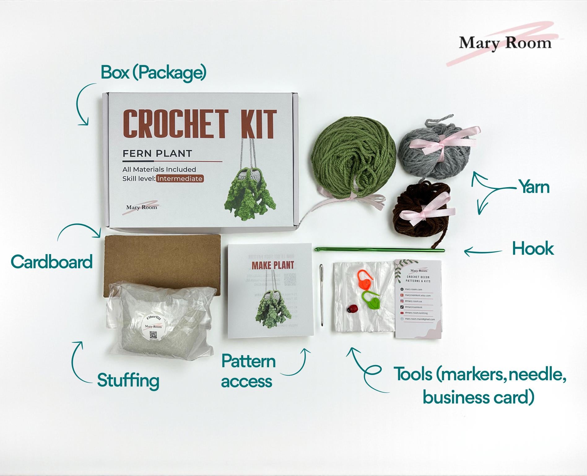 DIY crochet fern plant kit with hanging amigurumi greenery and yarn supplies included.